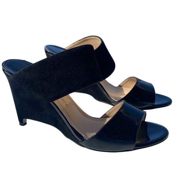 Paul Andrew Black Open Toe Patent Velvet Wedge Sandals - Picture 1 of 14